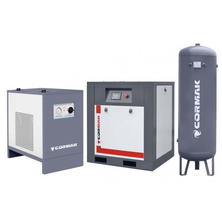 Satz Schraubenkompressor THEOR 10 – 7,5kW – 750L/min mit Kältetrockner IZBERG N10S und 500L vertikal Druckluftbehälter