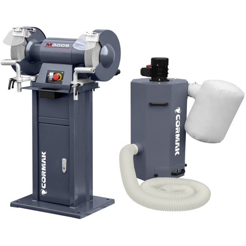 Smerigliatrice industriale a doppio disco CORMAK M300S con base e aspiratore trucioli metallo MDC750 400V - 