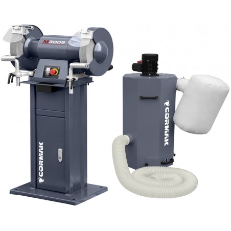 Industrie-Doppelschleifmaschine CORMAK M300S mit Untergestell und Absaugung CORMAK MDC750 400V für Metallspäne