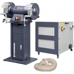 Industrieller Doppelscheibenschleifer CORMAK M300S mit Sockel und Absaugung für Metallspäne und Feilspäne MDC1500 400V - 