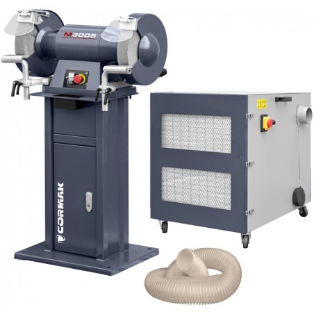 Smerigliatrice industriale a doppio disco CORMAK M300S con base e aspiratore trucioli metallo MDC1500 400V