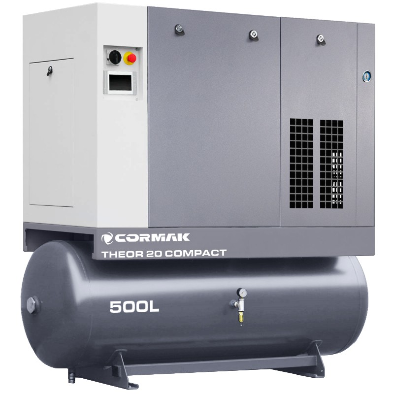 Schraubenkompressor THEOR 20 COMPACT mit Kältetrockner, Inverter und 500 L Behälter – 15 kW – 2.000 L/min - Schraubenkompressor THEOR 20 COMPACT mit Kältetrockner, Inverter und 500 L Behälter – 15 kW – 2.000 L/min -
