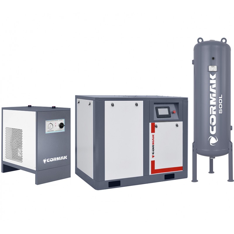 Screw Compressor Set CORMAK THEOR 50 INVERTER – 37kW – 7000L/min with CORMAK IZBERG N50S Air Dryer and 500L Vertical Air Tank - 