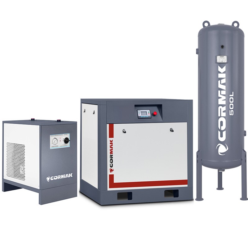 Sprężarka śrubowa THEOR 20 - 15kW - 2000 L/min. + Osuszacz ziębniczy N20S + Butla pionowa na sprężone powietrze 500 L