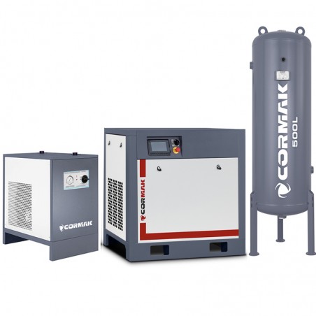 Satz Schraubenkompressor THEOR 30 INVERTER 22kW 3200L/min + Kältetrockner IZBERG N30S + 500L vertikaler Druckluftbehälter