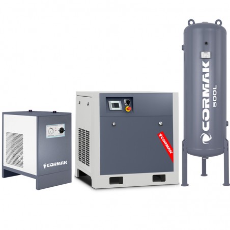 Schraubenkompressor-Set CORMAK LUFT1500 INVERTER 11kW 1580L/min + Kältetrockner IZBERG N20S + Vertikaler Druckluftbehälter 500L