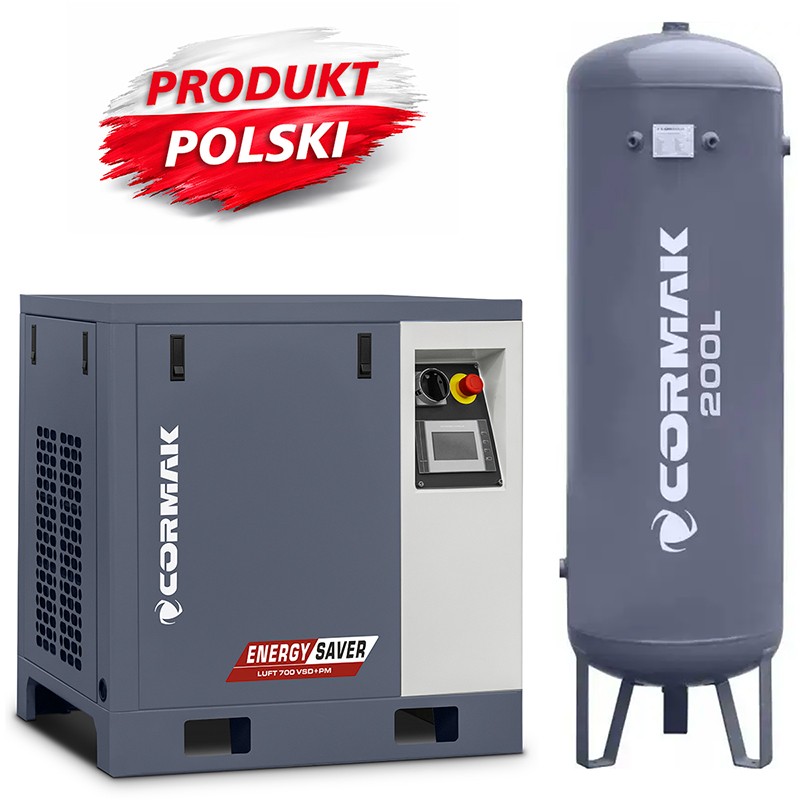 Schraubenkompressor mit 200L vertikalem Druckluftbehälter CORMAK LUFT 700 VSD+PM 650L/min 5.5kW - 