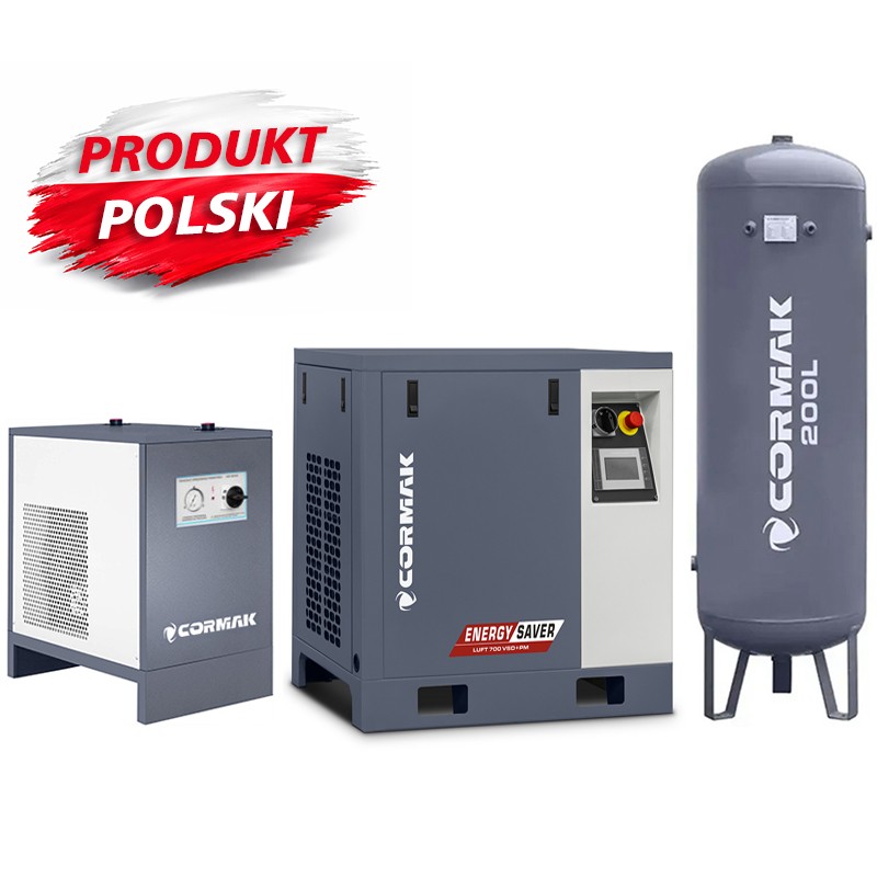 Screw Compressor with N10S Dryer and 200L Vertical Tank CORMAK LUFT 700 VSD+PM 650L/min 5.5kW - 