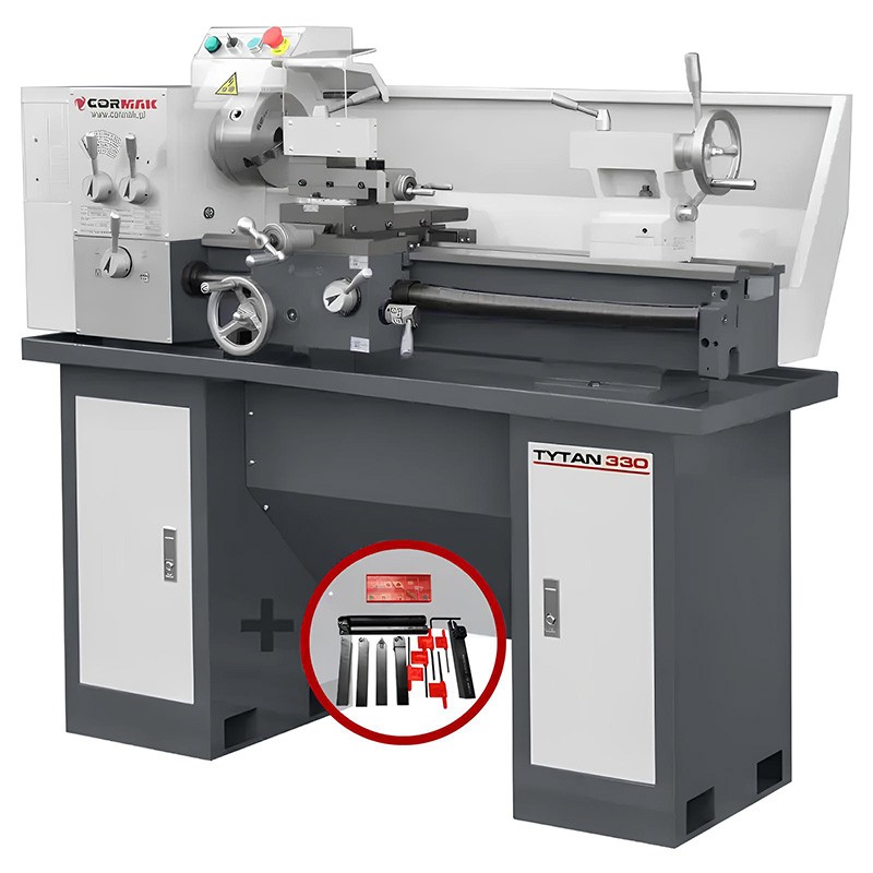 Tokarka uniwersalna konwencjonalna CORMAK 330 x 700 230V z podstawą + noże + kieł obr.