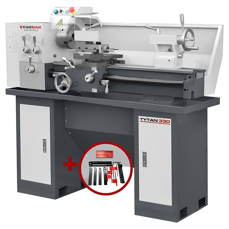 Tornio universale convenzionale CORMAK 330x700 230V con basamento + set utensili - 