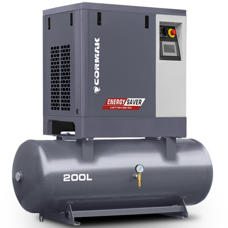 Sprężarka śrubowa na zbiorniku poziomym 200L - LUFT 700 VSD+PM 5,5kW 400V - 650 L/min