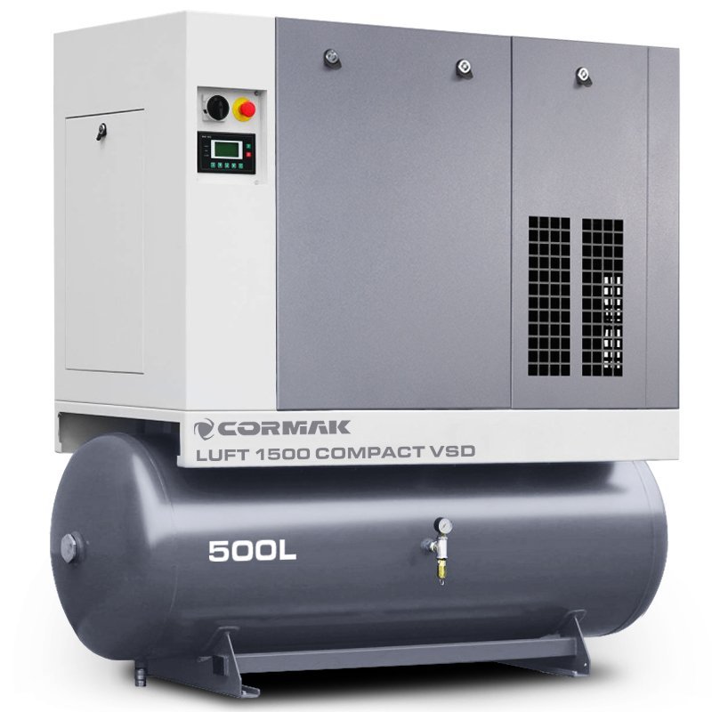 Sprężarka śrubowa z osuszaczem i falownikiem VSD LUFT 1500 COMPACT 11kW 1580 l/min 500L | CORMAK