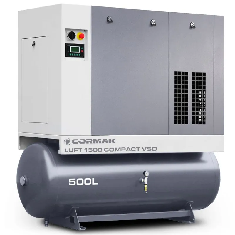 Sprężarka śrubowa z osuszaczem falownikiem VSD i zbiornikiem 500L - LUFT 1500 COMPACT 11kW - 1580 L/min