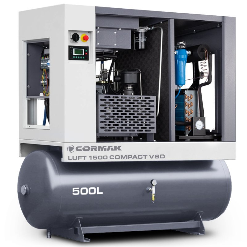Sprężarka śrubowa z osuszaczem i falownikiem VSD LUFT 1500 COMPACT 11kW 1580 l/min 500L | CORMAK