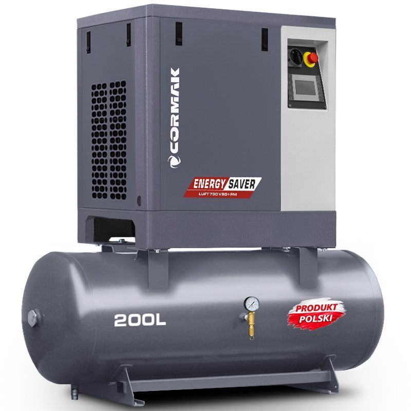 Sprężarka śrubowa na zbiorniku poziomym 200L - LUFT 700 VSD+PM 5,5kW 400V - 650 L/min | Producent CORMAK