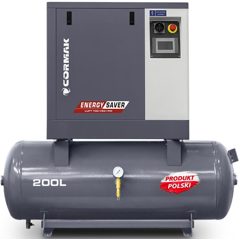 Sprężarka śrubowa na zbiorniku poziomym 200L - LUFT 700 VSD+PM 5,5kW 400V - 650 L/min | Producent CORMAK